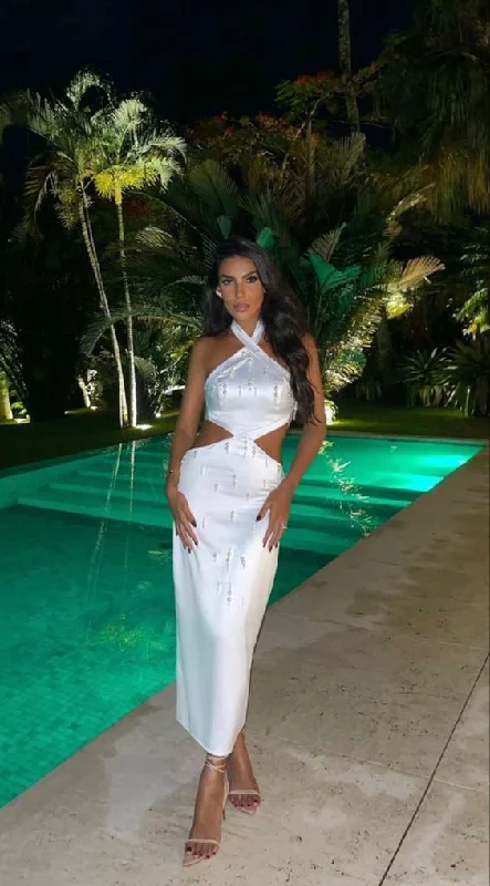 Ruffled Dress White Halter Cut Out Beading Midi Length Party Dress,DP1197
