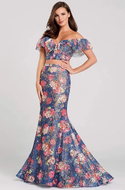 High Neck Dress Ellie Wilde - EW120099 Ruffled Off-Shoulder Floral Dress