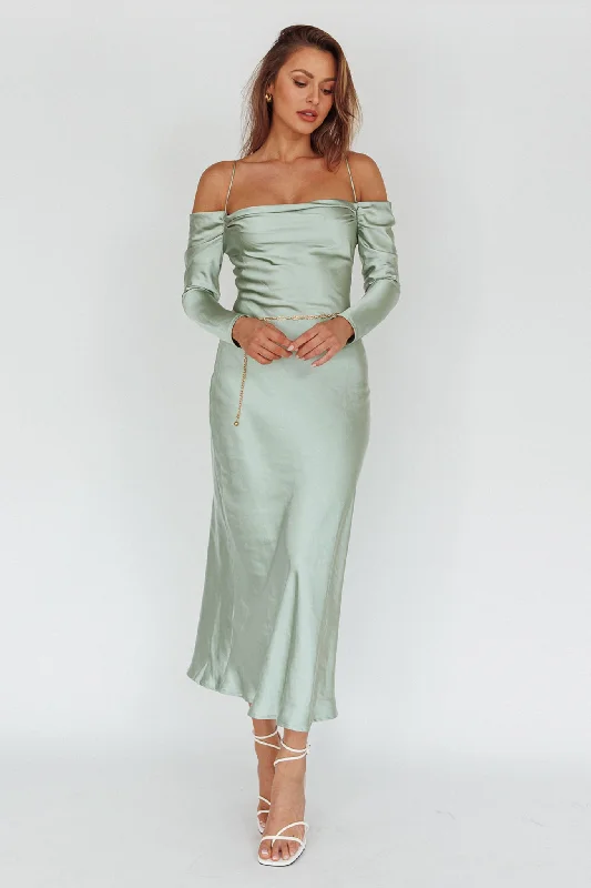 Lush Satin Gown Ellory Long Sleeve Off-Shoulder Dress Sage