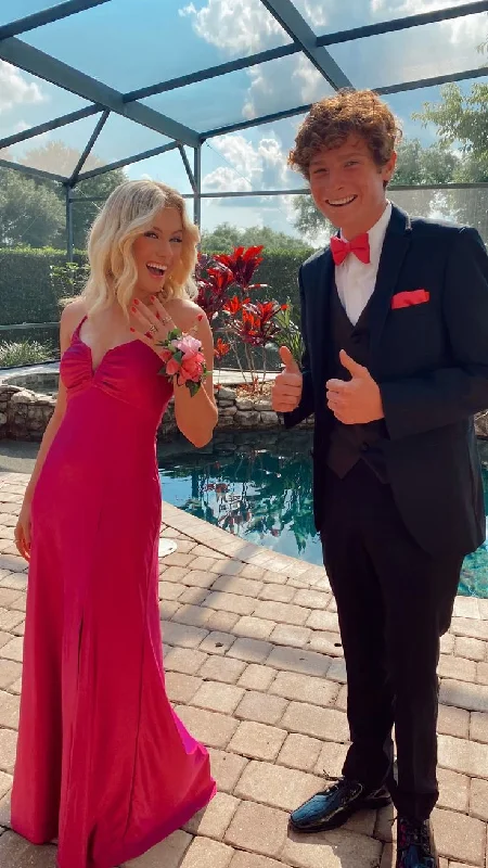 Draped Satin Gown Hot Pink Spaghetti Straps Long Prom Dress with Slit,DP1356