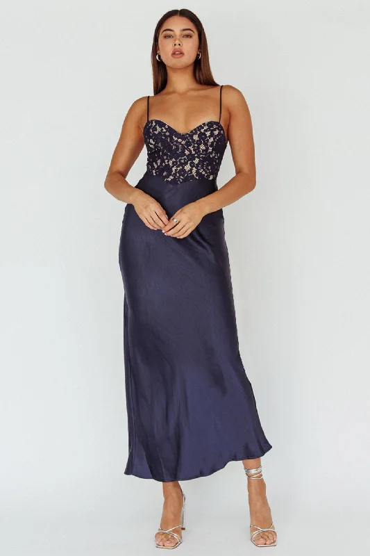 Dainty Chiffon Dress Evening Star Lace Bodice Maxi Dress Navy