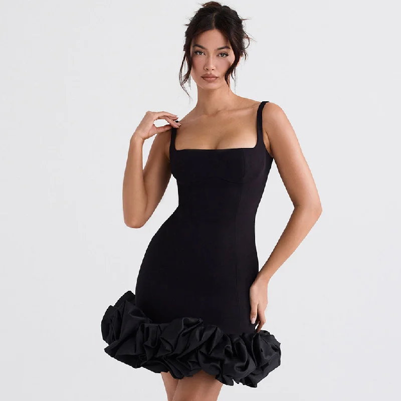 Dramatic Ball Gown Feminine Ruffled Trim Square Neck Suspender Strap Bodycon Mini Dress - Black Dramatic Ball Gown Feminine Ruffled Trim Square Neck Suspender Strap Bodycon Mini Dress - Black