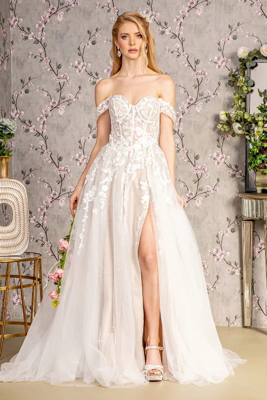 Maxi Dress Floral Embroidery Sheer Bodice Off Shoulder Mesh A-line Long Wedding Dress GLGL3429