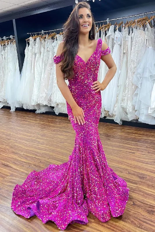 Satin Mermaid Dress Fuchsia Off-the-Shoulder Sequins Mermaid Long Prom Dress,DP1227