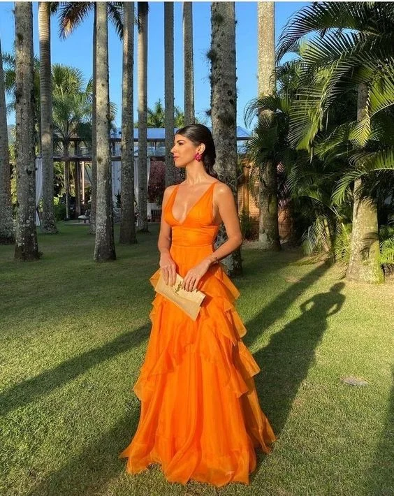 Backless Dress Orange V Neck A-Line Tulle Long Prom Dress,DP1190