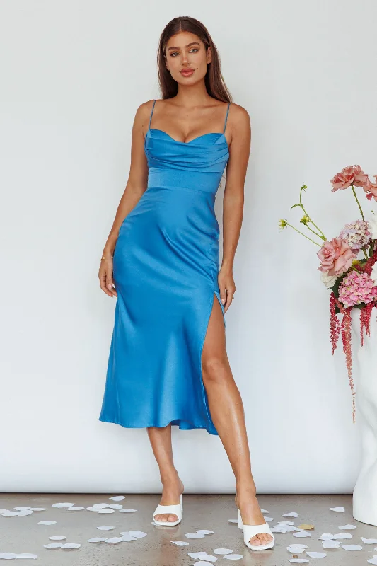 Halter Gown Giorgette Side Split Midi Dress Blue