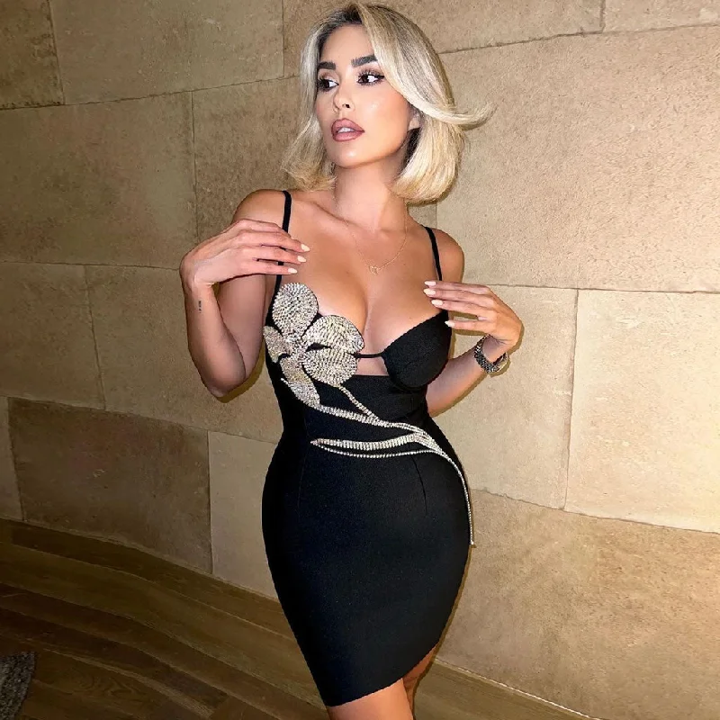 Glam Ball Gown Glitter Petal Crystal Embellished Bandage Club Mini Dress - Black
