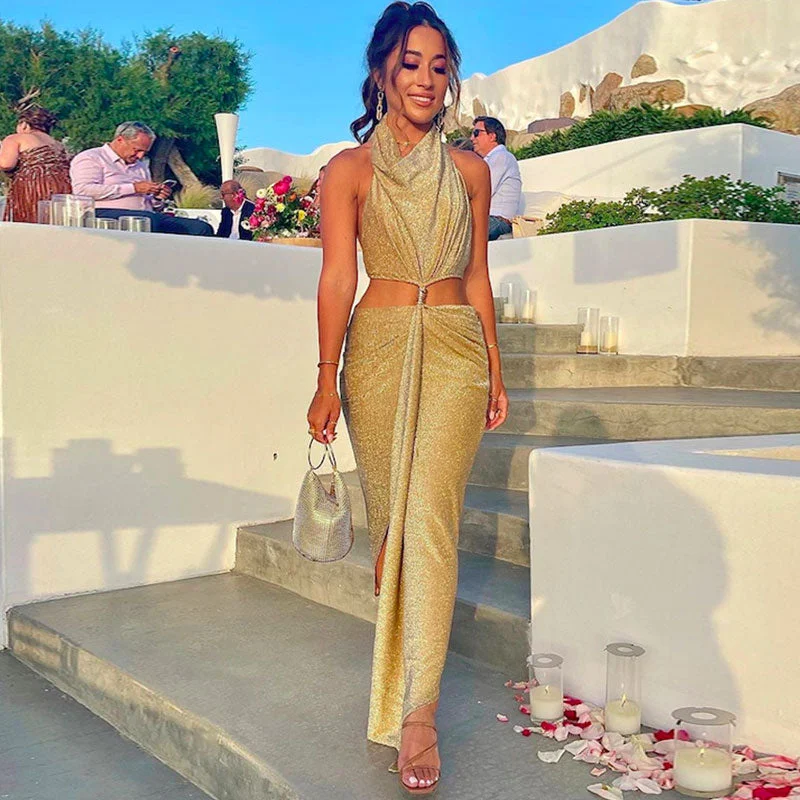 Chic Maxi Dress Glittering Draped Halter Metallic Chain Cutout Backless Midi Dress - Gold Chic Maxi Dress Glittering Draped Halter Metallic Chain Cutout Backless Midi Dress - Gold