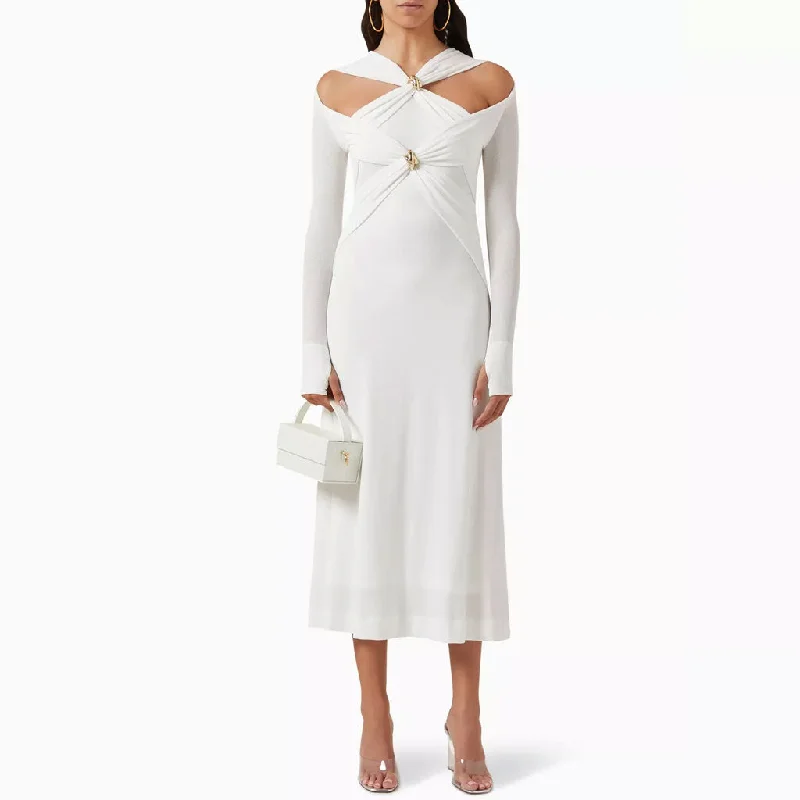 Prom Dress Graceful Metallic Accent V Neck Ruched Cutout Long Sleeve Sweater Midi Dress Prom Dress Graceful Metallic Accent V Neck Ruched Cutout Long Sleeve Sweater Midi Dress
