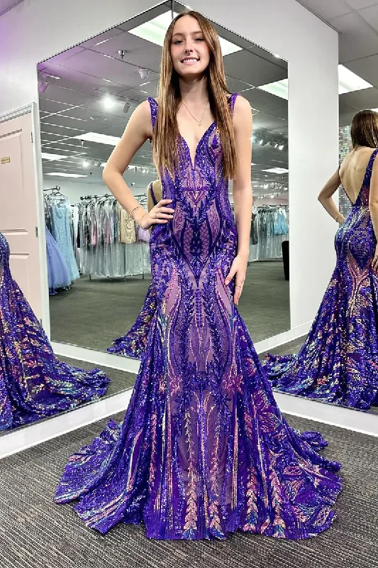 Embellished Maxi Dress Grape V Neck Sequin Backless Mermaid Long Prom Dresses,DP1226