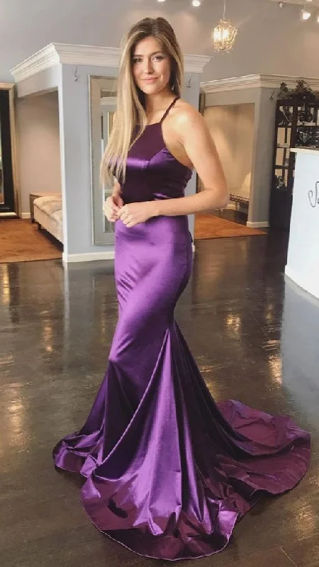 Brocade Formal Dress Purple Halter Lace Up Back Satin Mermaid Formal Party Dress,DP1359