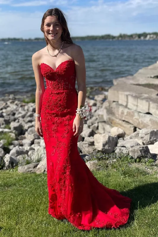 Backless Dress Red Sweetheart Lace Appliques Mermaid Long Prom Dress,DP1369