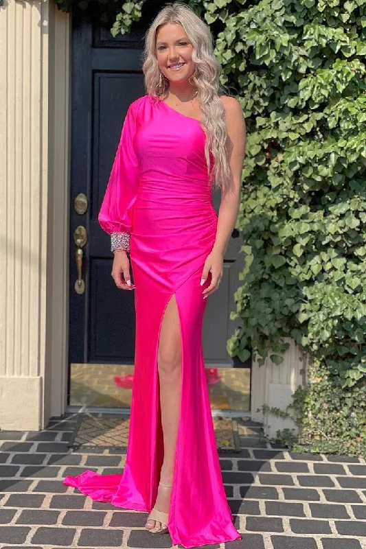 Party Ready Dress Fuchsia Satin One Shoulder Long Prom Dress with Slit,DP1211
