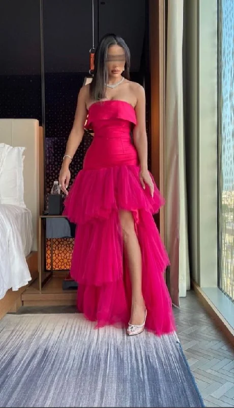 Fitted Formal Dress Hot Pink A-Line Strapless Tulle Tiered Long Party Dress,DP1184
