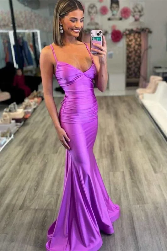 Applique Gown Purple Mermaid V Neck Satin Formal Party Dress,DP1185