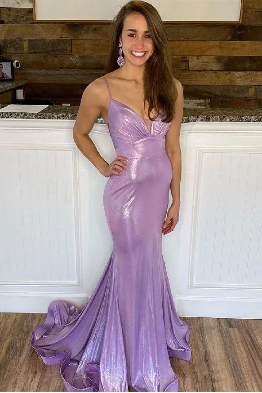 Fringe Gown Lilac Spaghetti Straps V Neck Mermaid Long Prom Dress,DP1187