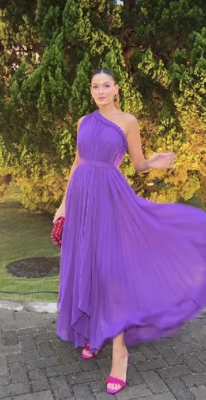 Satin Slip Dress Purple One Shoulder A-Line Long Prom Dress,DP1193