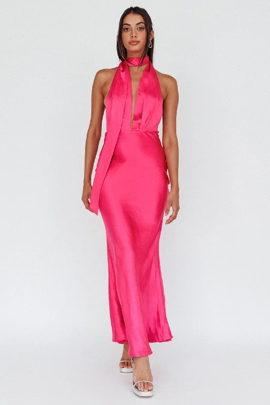 Fashionable Formal Dress Italia Azure Halterneck Maxi Dress Hot Pink