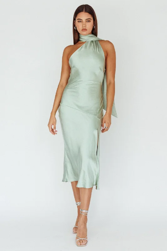 Side Slit Gown Italian Summer Tie Neck Midi Dress Sage