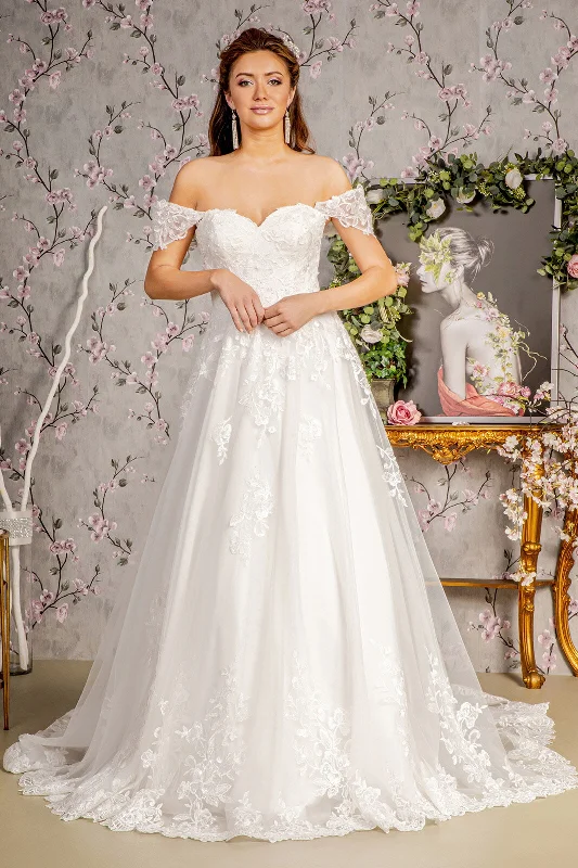 One-Shoulder Gown Jewel Embroidery Off Shoulder Mesh A-line Long Wedding Dress GLGL3481 One-Shoulder Gown Jewel Embroidery Off Shoulder Mesh A-line Long Wedding Dress GLGL3481