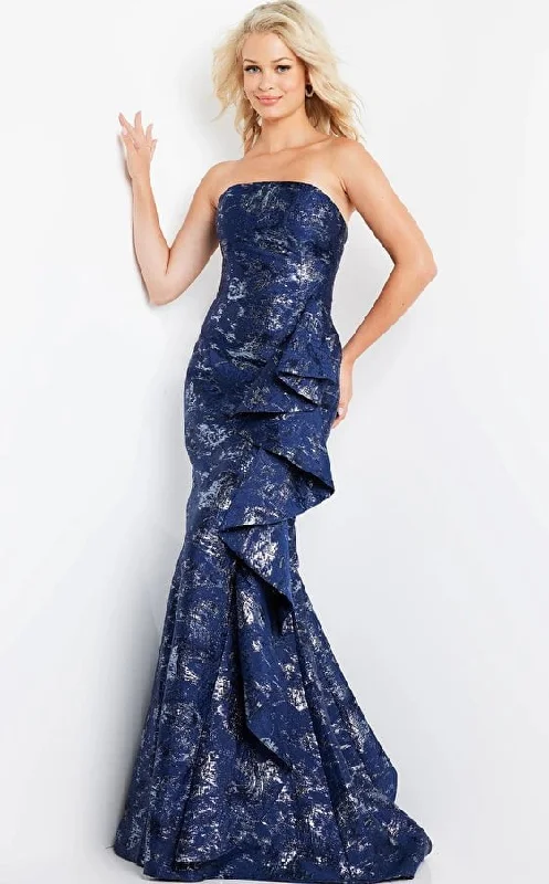V-Neck Dress Jovani 08685 Navy Print Mermaid Evening Dress