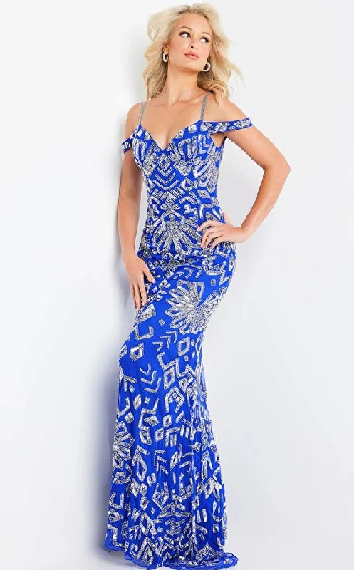 Ruched Gown Jovani 09905 Royal Off The Shoulder Fitted Dress