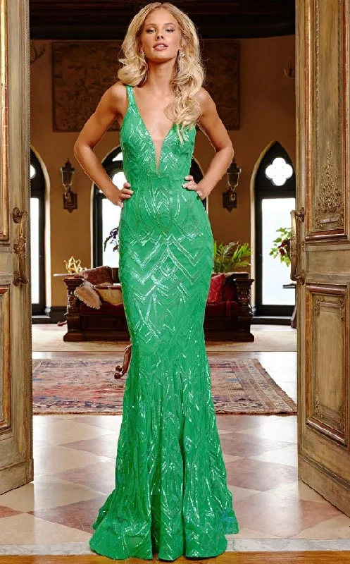 Embellished Dress Jovani 23027 Green Low V Neck Sheath Prom Dress