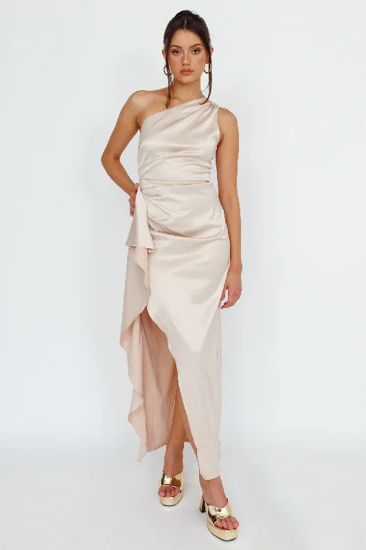 Whimsical Evening Gown Kamillia One-Shoulder Split Midi Dress Champagne