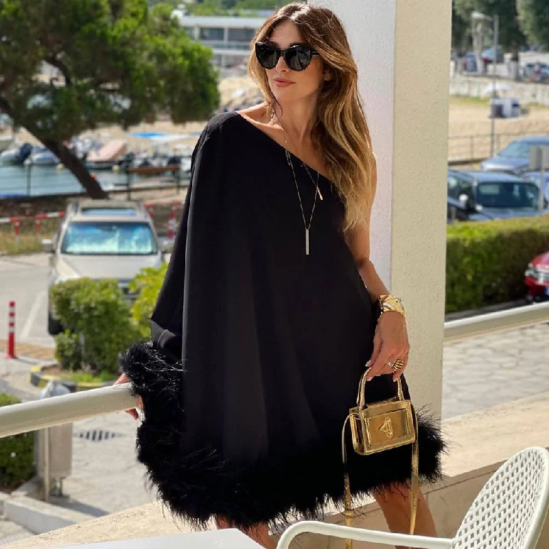 Perfect Fit Dress Lavish One Shoulder Cape Style A Line Layered Faux Feather Mini Dress Perfect Fit Dress Lavish One Shoulder Cape Style A Line Layered Faux Feather Mini Dress