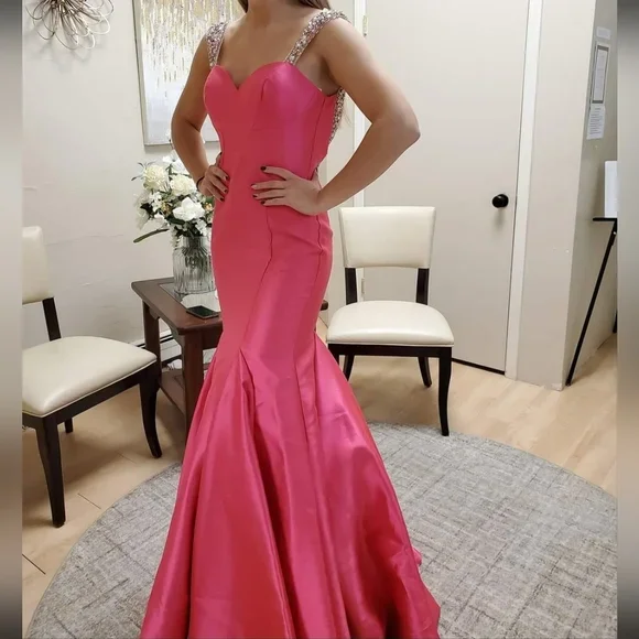 Drape Sleeve Dress Sweet Hot Pink Backless Beading Mermaid Long Prom Dress,DP1188