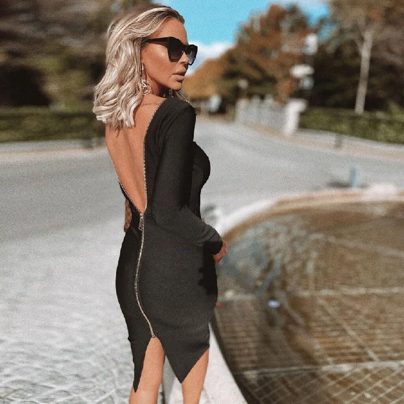 Rose Gold Dress Long Sleeve Zip Back Slit Bodycon Bandage Midi Dress - Black