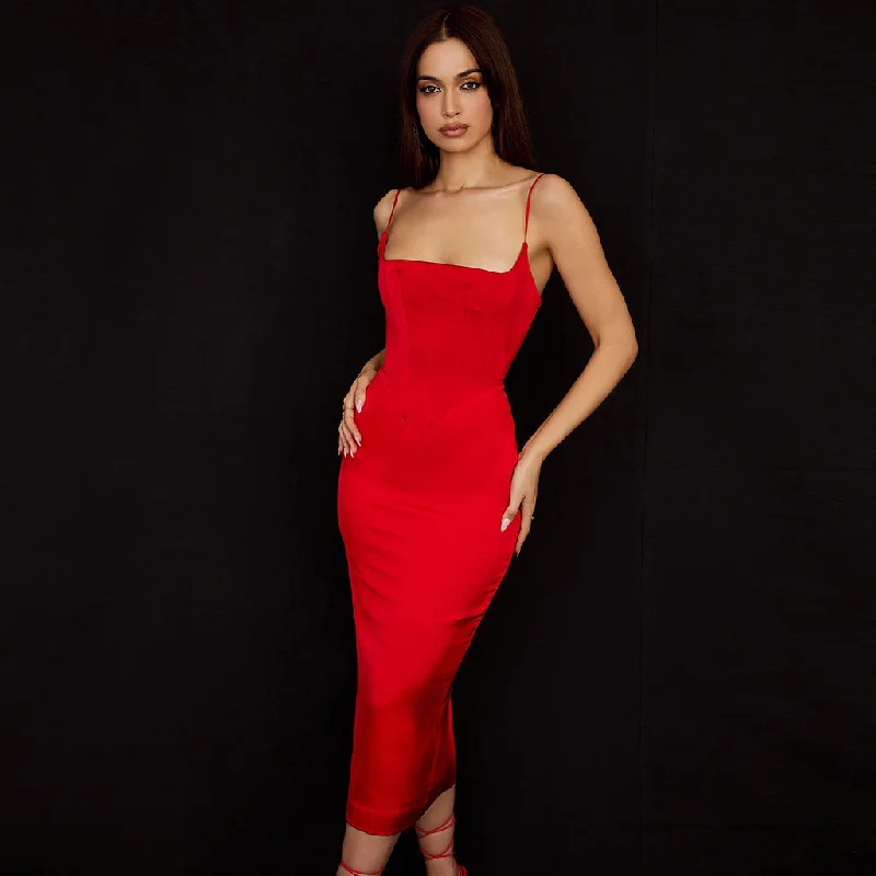 Glamorous Formal Dress Luxury Square Neck Spaghetti Strap Satin Slip Midi Dress - Red Glamorous Formal Dress Luxury Square Neck Spaghetti Strap Satin Slip Midi Dress - Red