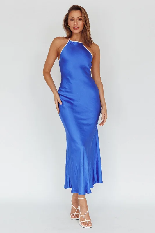 Bold Print Formal Dress Midsomer Dawn Criss-Cross Back Maxi Dress Blue