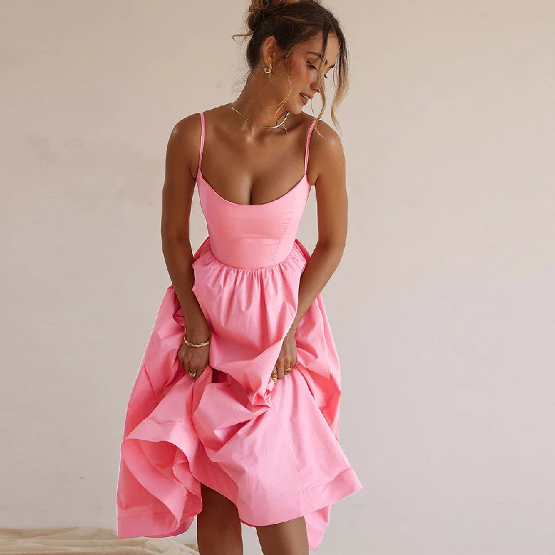 Illusion Neckline Dress Minimalist Solid Color Spaghetti Strap Pleated Fit and Flare Midi Sundress Illusion Neckline Dress Minimalist Solid Color Spaghetti Strap Pleated Fit and Flare Midi Sundress