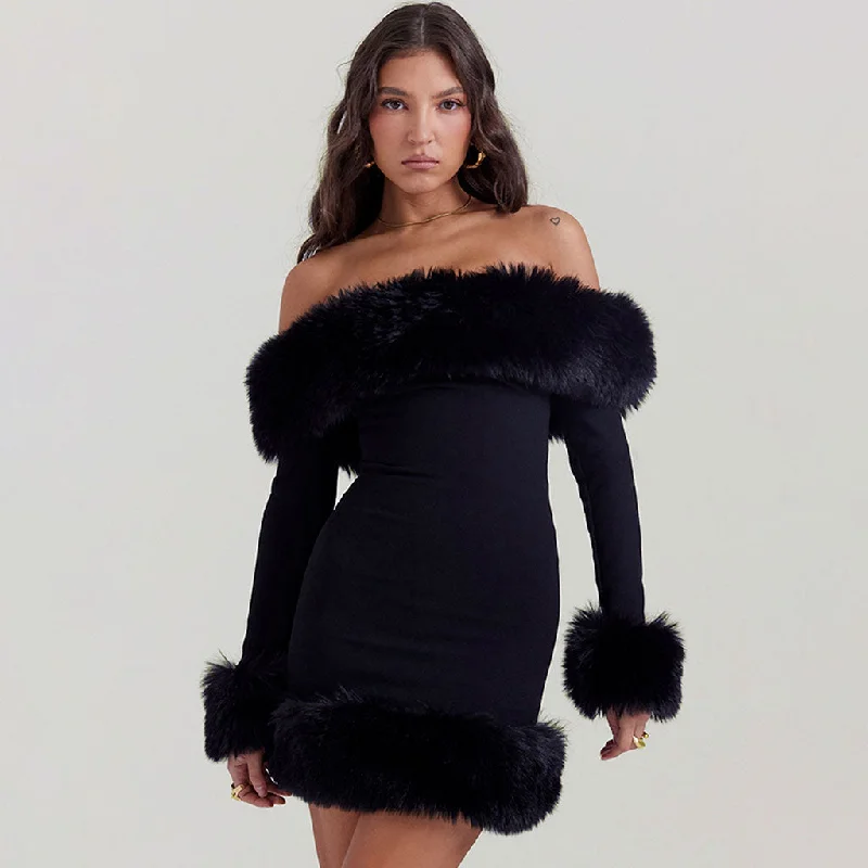 High-Low Dress Opulent Faux Fur Trim Off The Shoulder Long Sleeve Mini Bodycon Party Dress High-Low Dress Opulent Faux Fur Trim Off The Shoulder Long Sleeve Mini Bodycon Party Dress