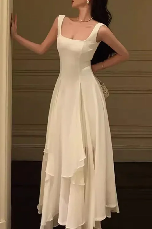 Sophisticated Gown Elegant Ivory A-Line Square Neck Chiffon Ankle Length Prom Dress,DP1362 Sophisticated Gown Elegant Ivory A-Line Square Neck Chiffon Ankle Length Prom Dress,DP1362