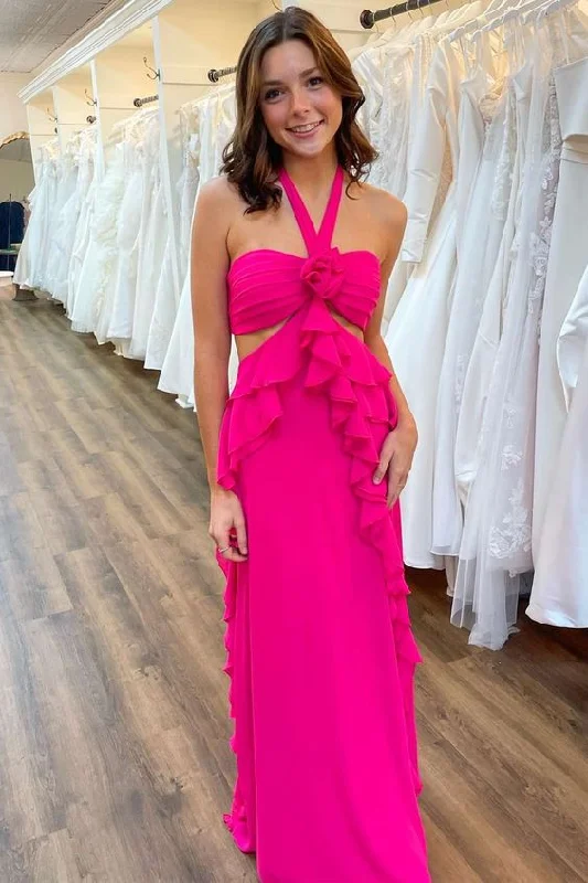 Elegant Wedding Gown Hot Pink A-Line Halter Cut Out Long Party Dress with Ruffles,DP1183