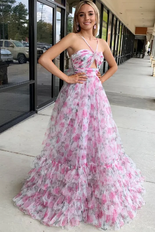 Lavish Evening Gown Pink Printed Halter Keyhole A-Line Long Prom Dress,DP1225