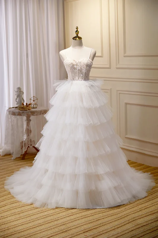 Gorgeous Party Dress White Pretty Spaghetti Straps Appliques A-Line Tulle Layers Long Prom Dress Ball Gown,DP1351