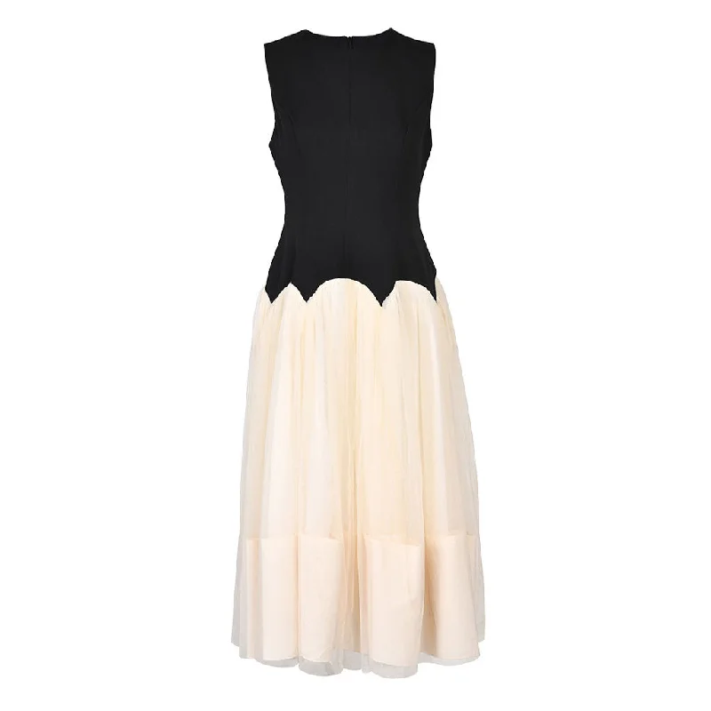 Bold Red Dress Puffy Crew Neck Contrast Petal Waist Crepe Panel Tulle Midi Sleeveless Dress Bold Red Dress Puffy Crew Neck Contrast Petal Waist Crepe Panel Tulle Midi Sleeveless Dress