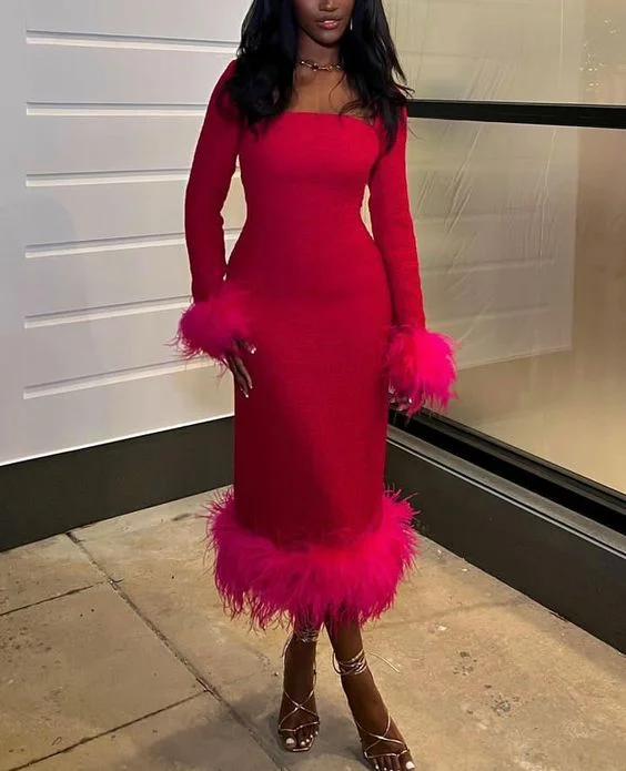 Stunning Party Dress Hot Pink Long Sleeves Midi Length Black Girl Party Dress with Feather,DP1186