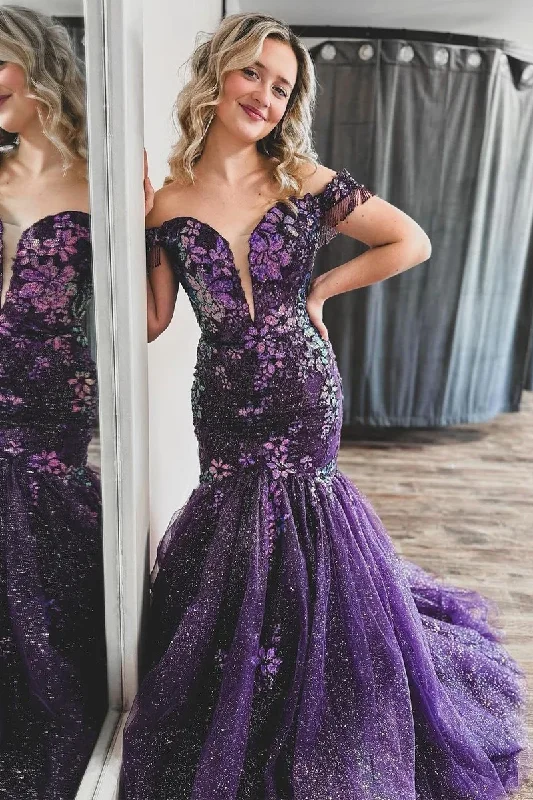 Floral Embroidery Dress Purple Off the Shoulder Sequined Appliques Mermaid Long Prom Dress,DP1223
