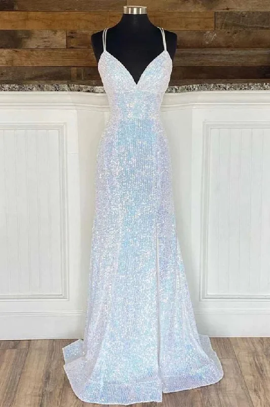 Embroidered Gown White V Neck Sequins A-Line Lace Up Back Long Prom Dress,DP1372