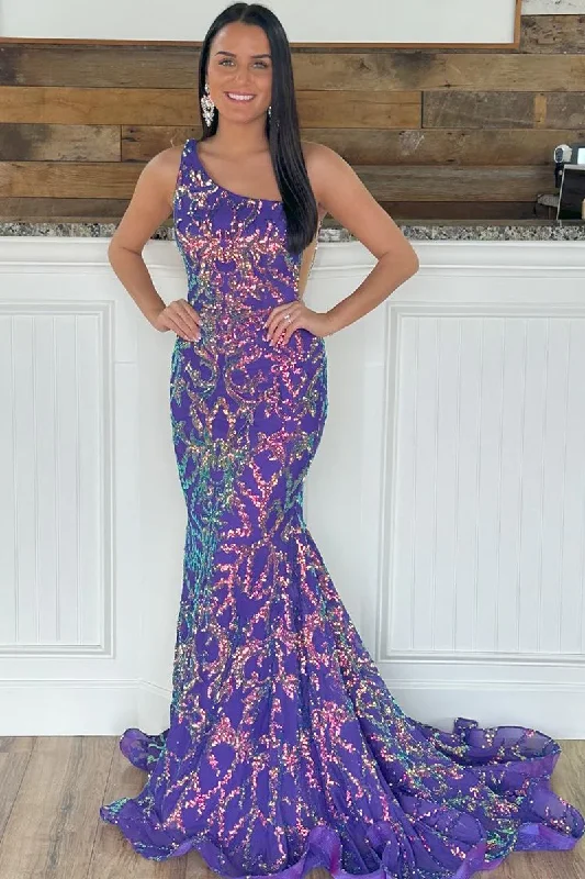 Lush Satin Gown Purple One Shuolder Sequin Lace Mermaid Long Prom Dress,DP1222