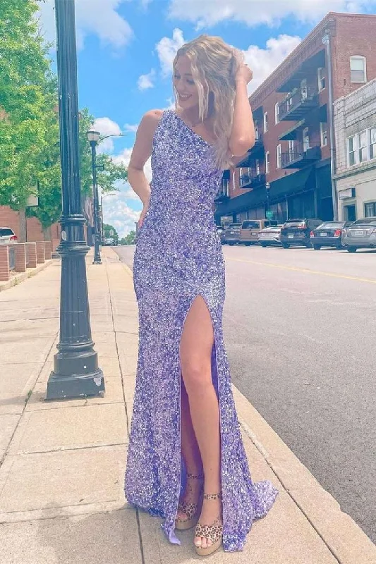 Satin Slip Dress Purple One Shoulder Sequins Long Prom Dress Formal Evening Dress with Slit,DP1371