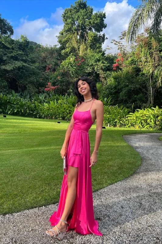 Fit And Flare Dress Hot Pink Spaghetti Straps Simple Long Prom Dress with Slit,DP1192