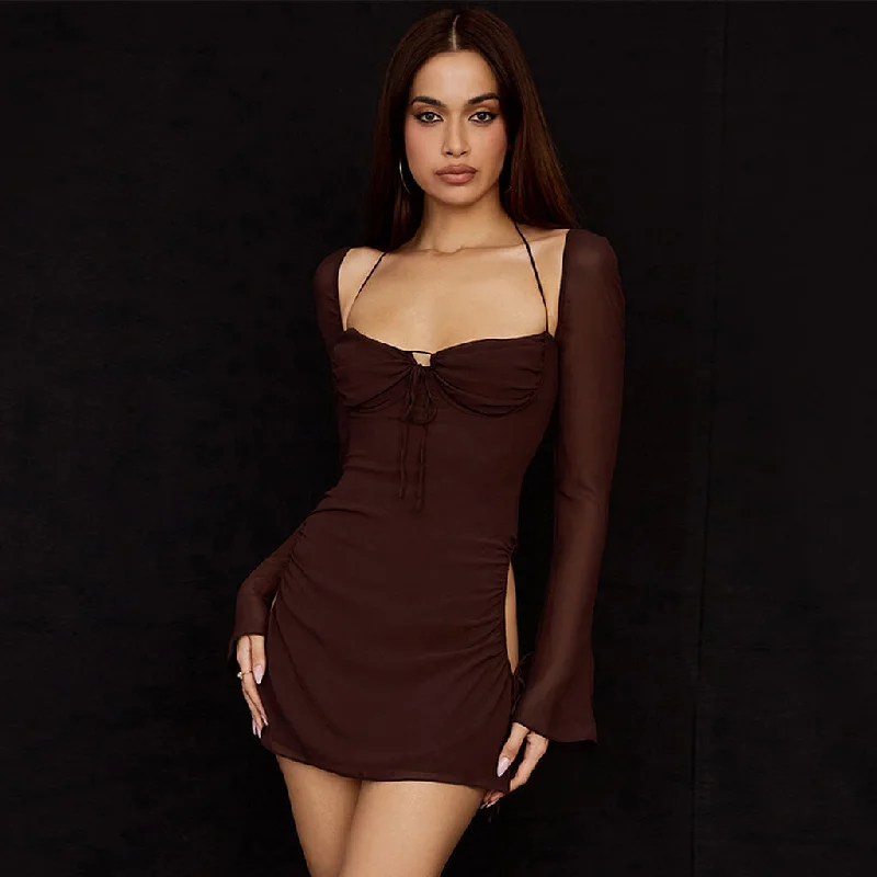 Stunning Silk Gown Sexy Self Tie Cutout Long Sleeve Mesh Halter Mini Dress - Coffee