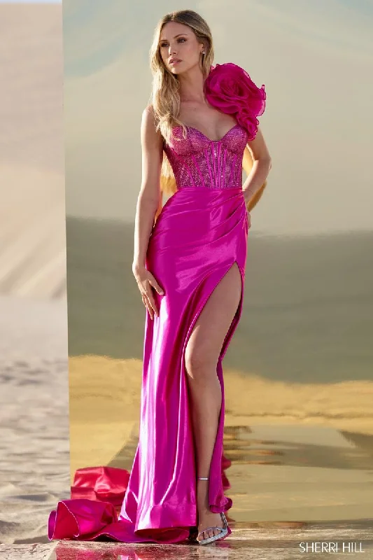 Ruched Gown Sherri Hill 3D Floral One Shoulder Corset Gown 56764