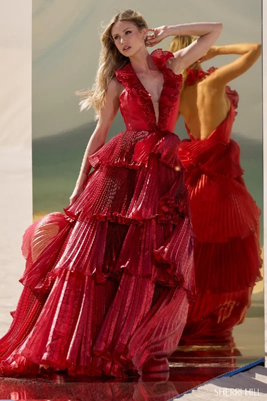 Taffeta Dress Sherri Hill Long Ruffled Collar Tiered Ballgown 56801