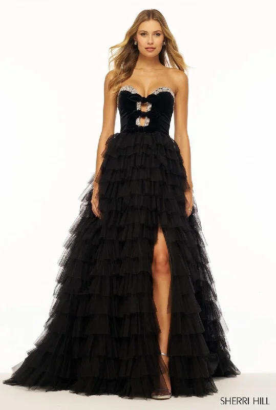 Fancy Evening Dress Sherri Hill Velvet Ruffle Ball Gown Dress 56034